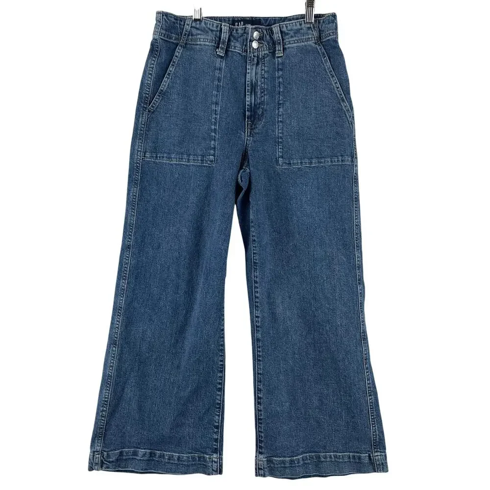 GAP Womens High Rise Wide-Leg Crop Jeans 8 29R Medium Wash Blue Stretch